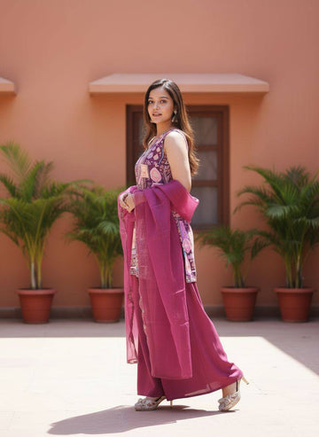 Magenta Bloom Embroidered Kurta Palazzo Set with Dupatta