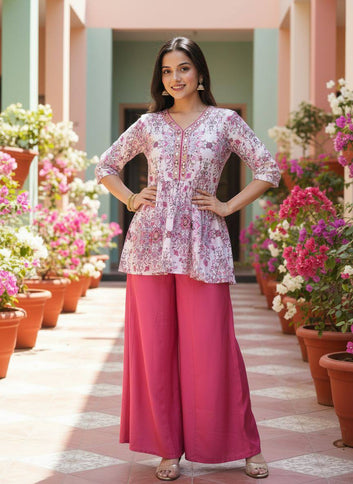 Rose Pink Printed Kurti with Flared Palazzo Pants