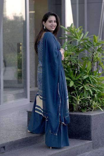 Midnight Blue Printed Kurta Palazzo Set with Dupatta