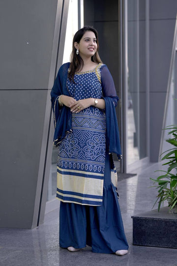Midnight Blue Printed Kurta Palazzo Set with Dupatta