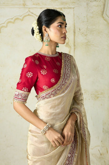 Royal Ivory Silk Saree with Red Brocade Blouse