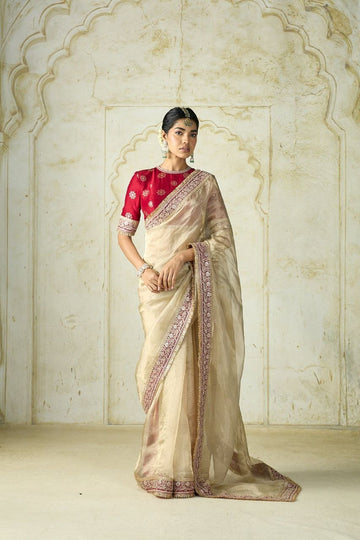 Royal Ivory Silk Saree with Red Brocade Blouse